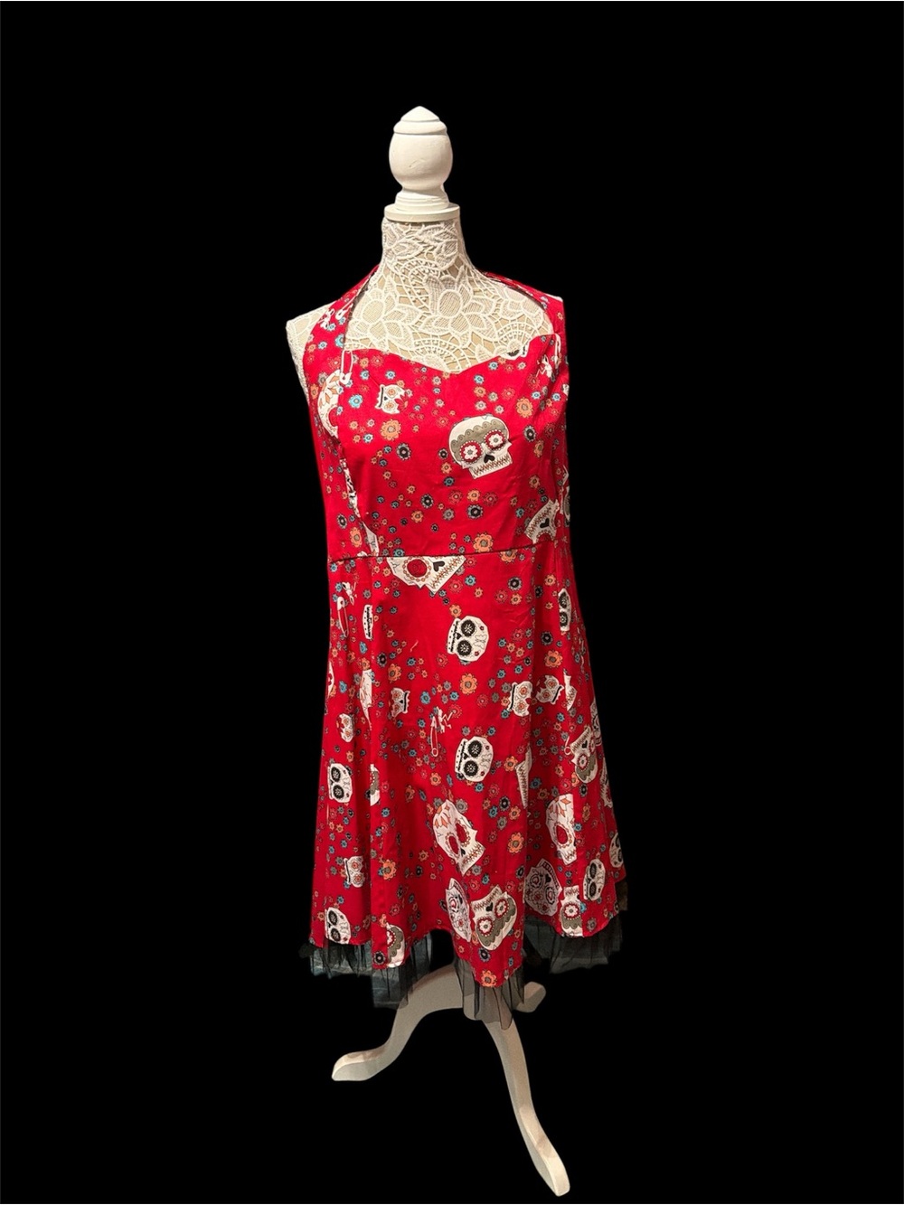 Halter Red Skater Skelton Dress with Sugar Skull Print